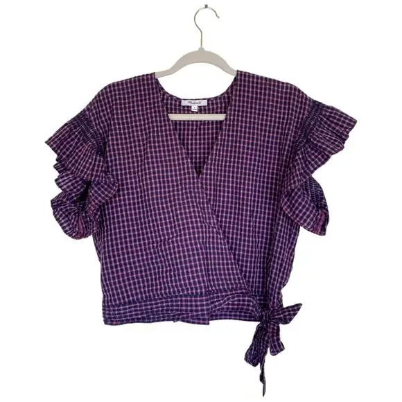 MADEWELL Flutter-Sleeve Side-Tie Wrap Top in Plaid Burnished Rose Size Medium - Picture 3 of 9